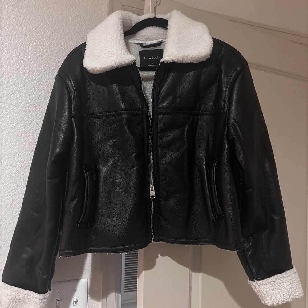 New Look Black Leather Jacket with White Collar